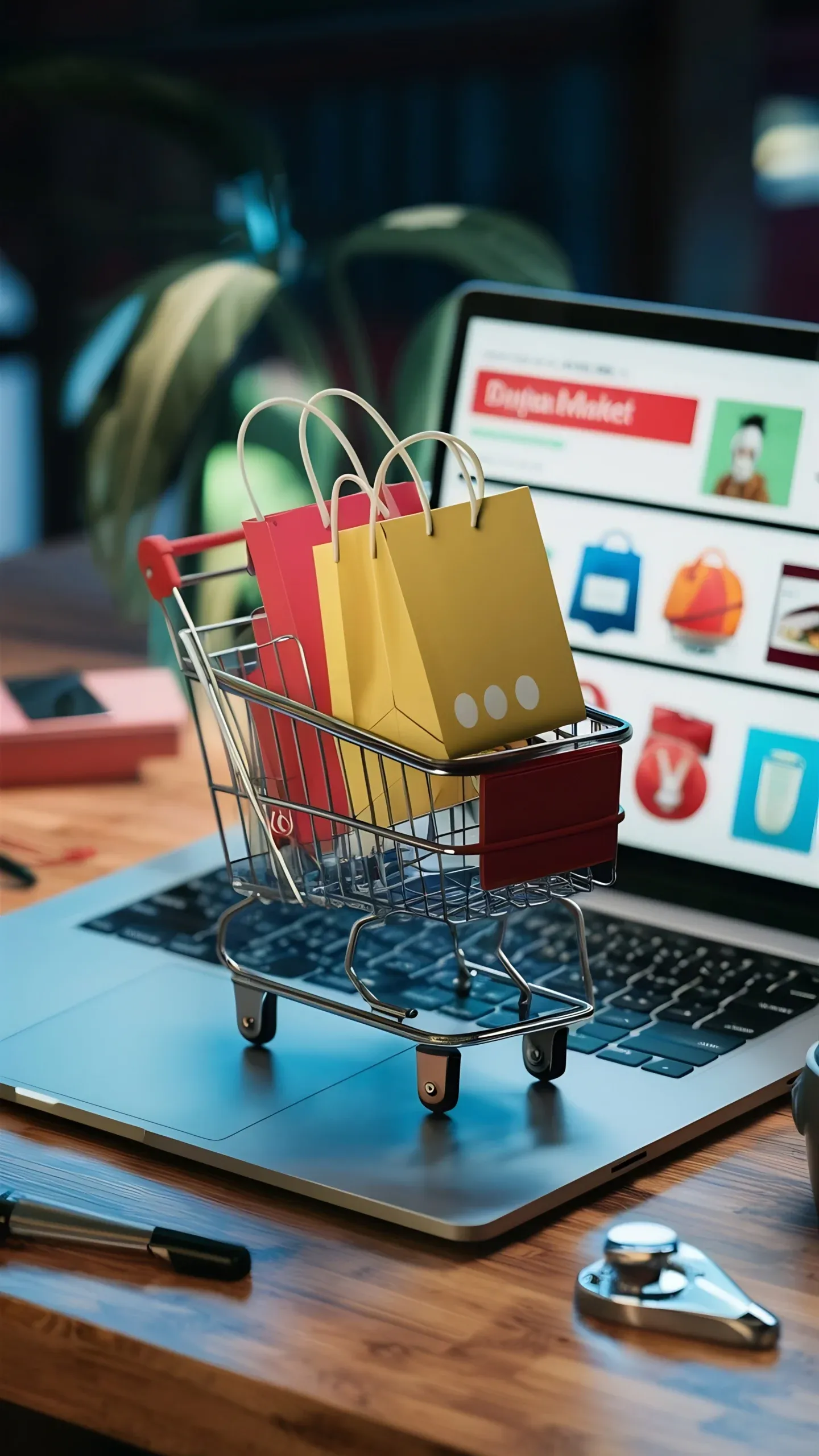 Shopping cart and bags beside a laptop showing an online store
